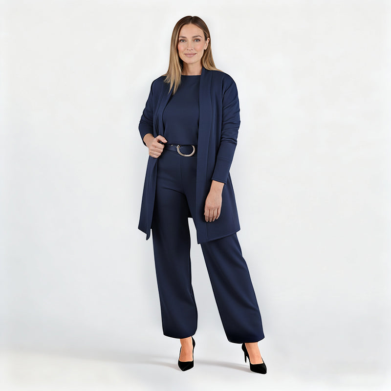 Elegantes 3-teiliges Set aus Longline-Cardigan, Top und Hose
