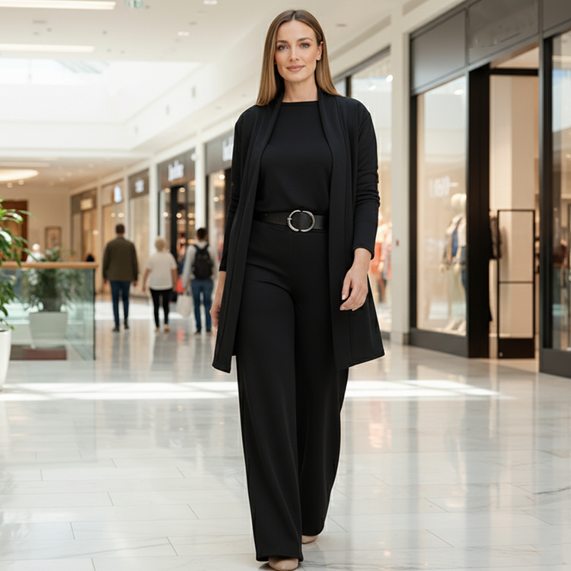 Elegantes 3-teiliges Set aus Longline-Cardigan, Top und Hose