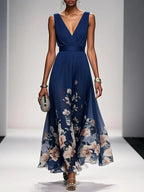 Rose | Hellblaues Floral Chiffon V-Ausschnitt Maxikleid