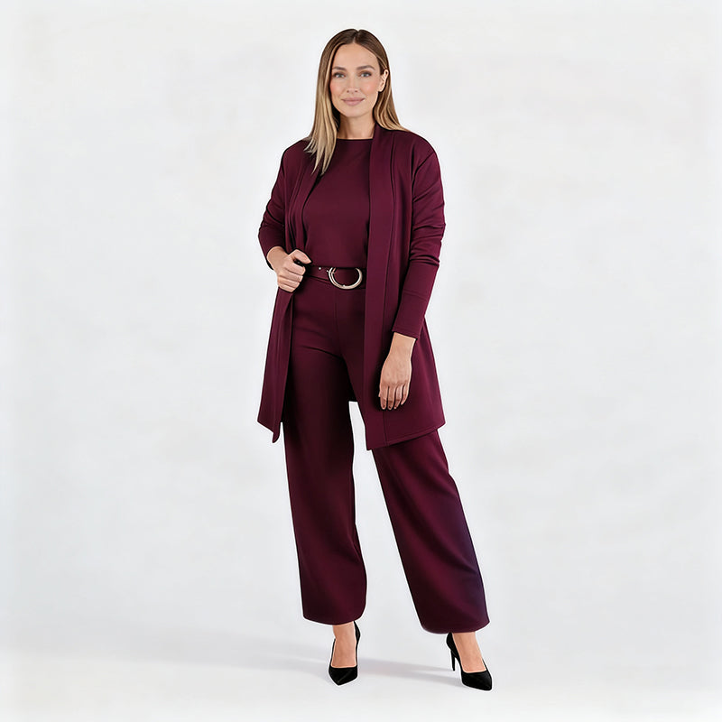 Elegantes 3-teiliges Set aus Longline-Cardigan, Top und Hose