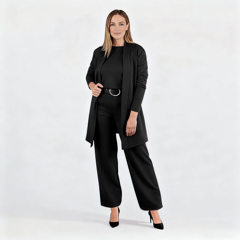 Elegantes 3-teiliges Set aus Longline-Cardigan, Top und Hose