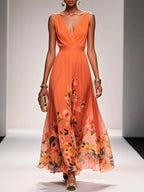 Rose | Hellblaues Floral Chiffon V-Ausschnitt Maxikleid