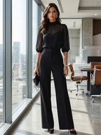 Schwarzes Chiffon-Top und weite Hose Drei-Teile-Set