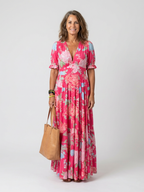 Ione | Kurzärmeliges V-Ausschnitt Blumen-Midi-Kleid