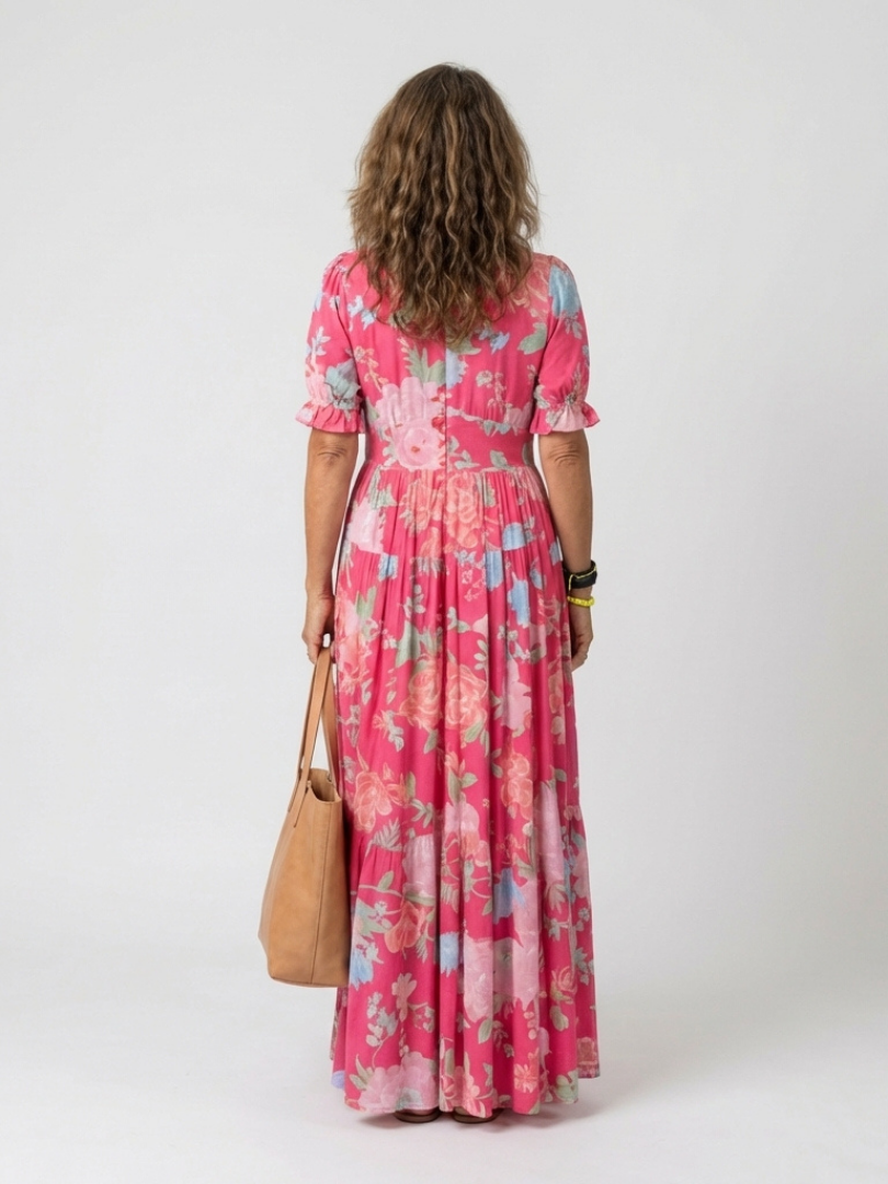 Ione | Kurzärmeliges V-Ausschnitt Blumen-Midi-Kleid