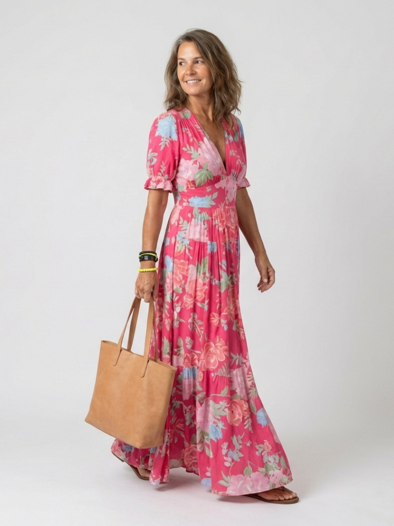 Ione | Kurzärmeliges V-Ausschnitt Blumen-Midi-Kleid