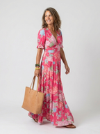 Ione | Kurzärmeliges V-Ausschnitt Blumen-Midi-Kleid