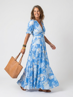 Ione | Kurzärmeliges V-Ausschnitt Blumen-Midi-Kleid