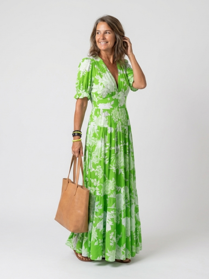 Ione | Kurzärmeliges V-Ausschnitt Blumen-Midi-Kleid