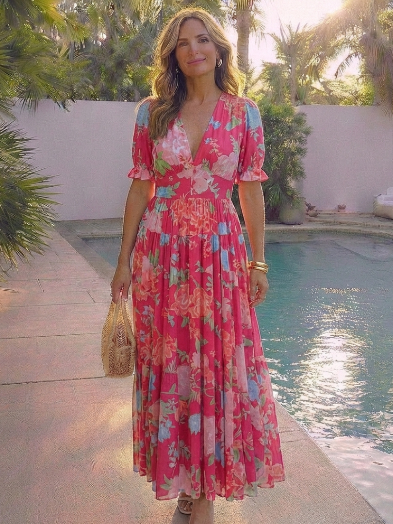 Ione | Kurzärmeliges V-Ausschnitt Blumen-Midi-Kleid
