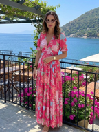 Ione | Kurzärmeliges V-Ausschnitt Blumen-Midi-Kleid