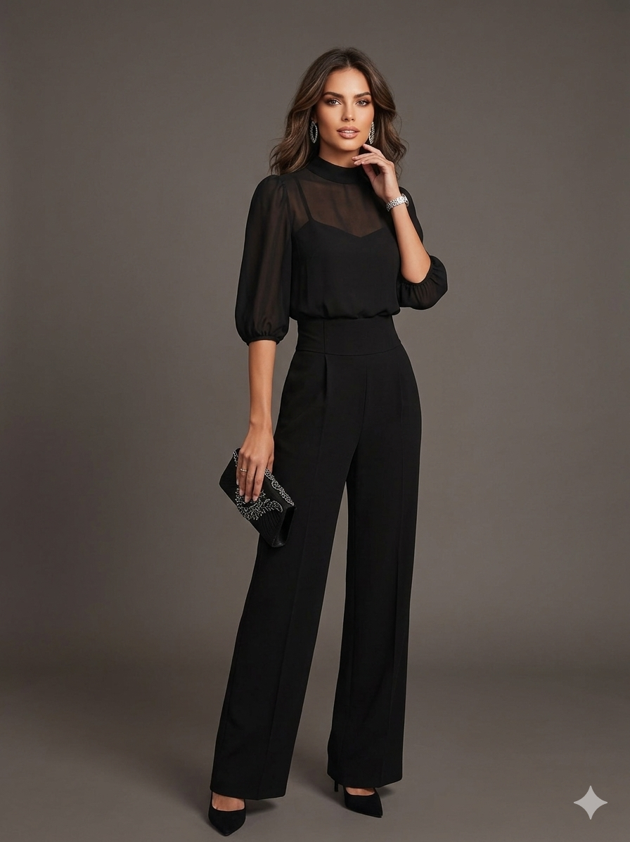 Schwarzes Chiffon-Top und weite Hose Drei-Teile-Set