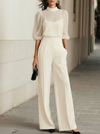 Schwarzes Chiffon-Top und weite Hose Drei-Teile-Set