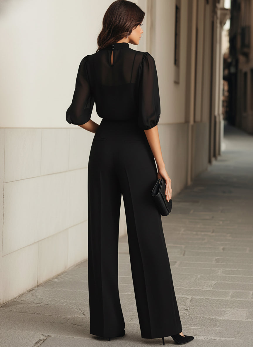 Schwarzes Chiffon-Top und weite Hose Drei-Teile-Set
