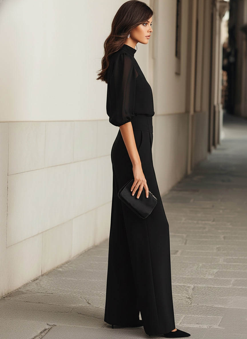 Schwarzes Chiffon-Top und weite Hose Drei-Teile-Set