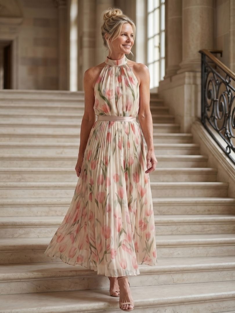 Aurelle | Midi Kleid mit Halterneck und Blumenmuster