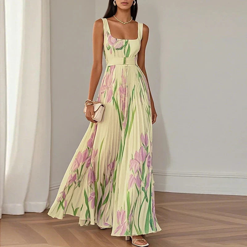 Marie | Weißes Faltenblumen Chiffon Maxi Kleid
