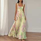 Marie | Weißes Faltenblumen Chiffon Maxi Kleid