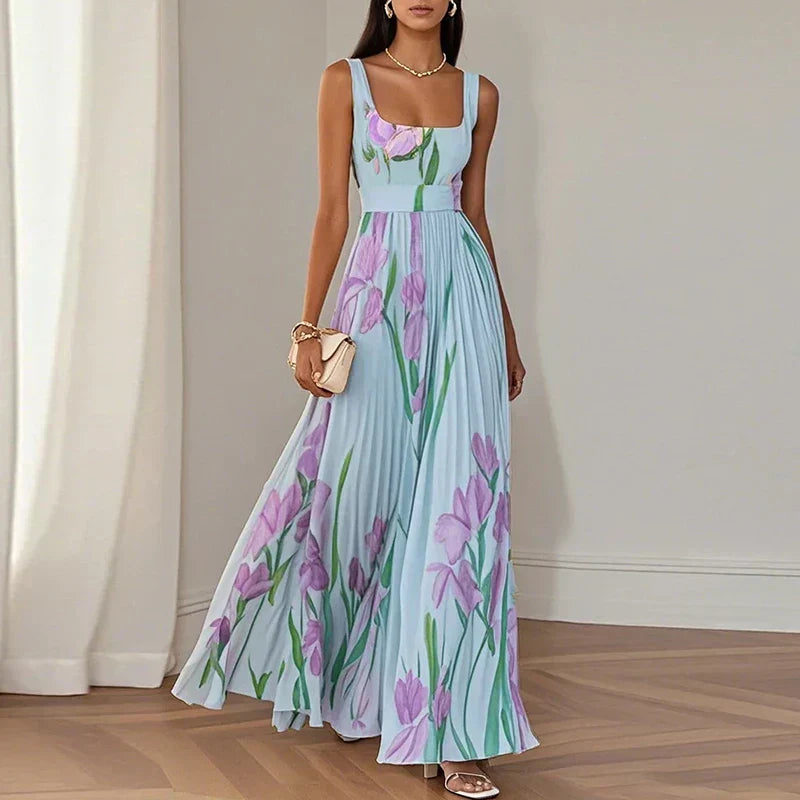 Marie | Weißes Faltenblumen Chiffon Maxi Kleid