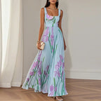 Marie | Weißes Faltenblumen Chiffon Maxi Kleid