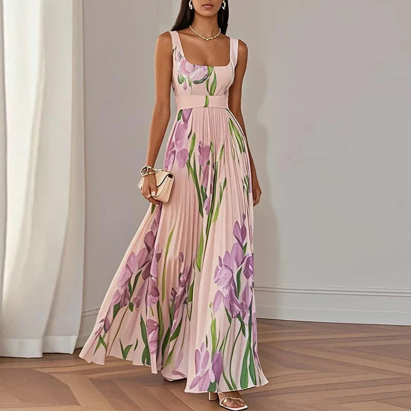 Marie | Weißes Faltenblumen Chiffon Maxi Kleid