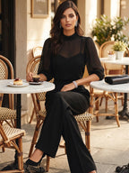 Schwarzes Chiffon-Top und weite Hose Drei-Teile-Set