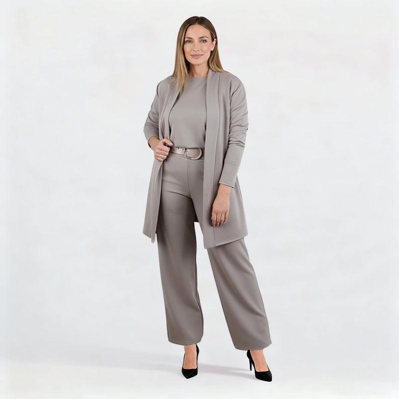 Elegantes 3-teiliges Set aus Longline-Cardigan, Top und Hose