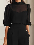 Schwarzes Chiffon-Top und weite Hose Drei-Teile-Set