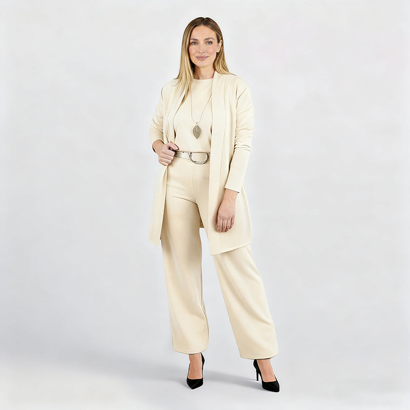 Elegantes 3-teiliges Set aus Longline-Cardigan, Top und Hose