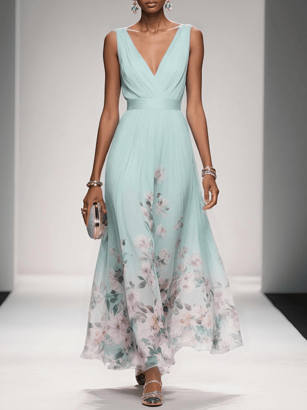 Rose | Hellblaues Floral Chiffon V-Ausschnitt Maxikleid